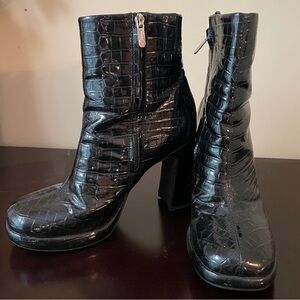 Black patten faux croc booties